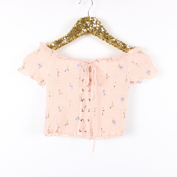 Pink Pastel Off Shoulder Shirred Lace Up Crop Top - Picture 6 of 7